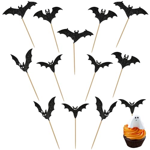 Halloween Cupcake Toppers - 12 Black Glitter Bat Picks for Parties