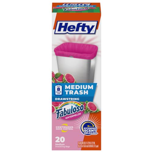 Hefty 8 Gallon Pink Trash Bags with Fabuloso Watermelon Scent, 20 Count - Medium Garbage Liners, Drawstring Closure