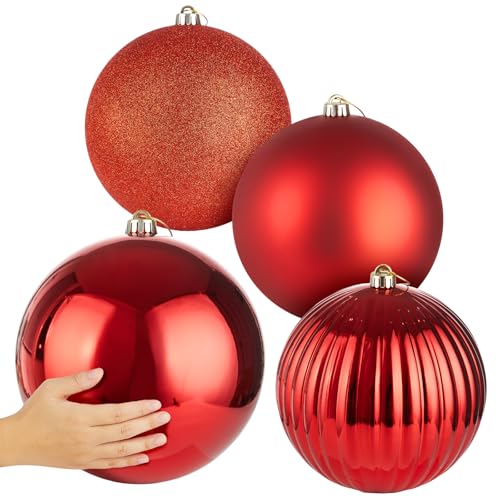 4 Pack 8-Inch Oversized Red Christmas Ball Ornaments - Large Plastic Holiday Tree Decor