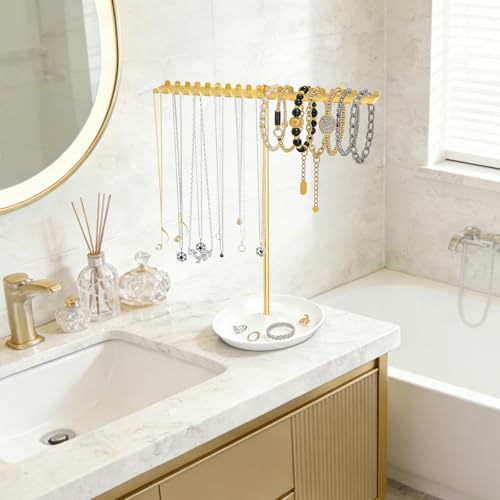 Gold Jewelry Organizer Stand with 42 Hooks for Necklaces & Bracelets