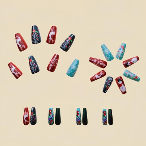 Christmas Press on Nails Medium Coffin Glossy Acrylic False Nails 24Pcs