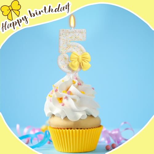 Number 5 Birthday Candle with Yellow Bow - Eco-Friendly Cake Topper