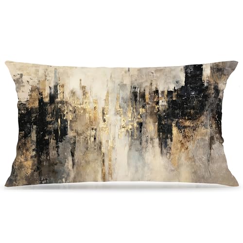 Gold and Black Abstract Cityscape Throw Pillow Cover 12x20 - AEREYGBJYJ