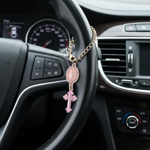 Catholic Rosary Car Charm with Virgin Mary Cross Pendant