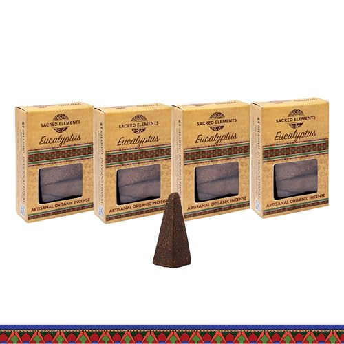 Eucalyptus Organic Incense Cones - Sacred Elements (Pack of 4) | Handcrafted, Low Smoke Aromatherapy for Relaxation