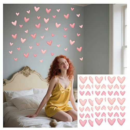 60 Pcs Pink Heart Wall Decals - Repositionable PVC Stickers for Girls' Rooms