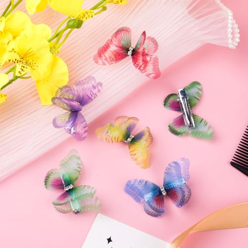HINZIC 5pcs 3D Organza Butterfly Hair Clips Gradient Rhinestone Barrettes