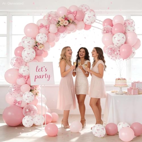 Kafeli Pink Bow Latex Balloons Set - 12in, 60pcs Party Decorations, Pink & White