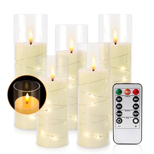 5 Pack Flickering Flameless Candles with Remote 3 Sizes Ivory Halloween Christmas Decor Variation of 5Pcs-Strip Light String