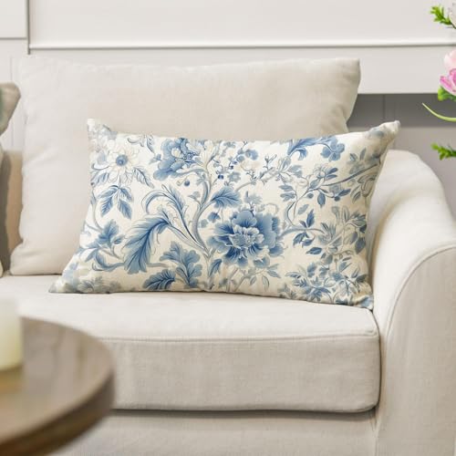 20x12 Inch Chinoiserie Floral Throw Pillow Cover - Blue Cushion Case for Sofa Couch Farmhouse