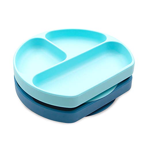 Bumkins Silicone Suction Plate for Toddlers - Divided Grip Dish, Blue/Dark Blue