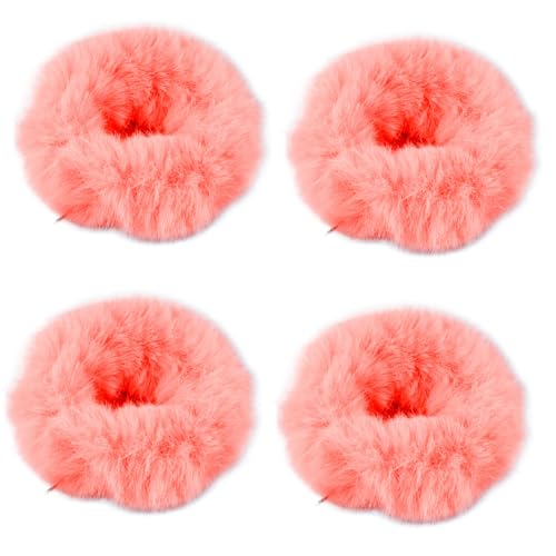 Spenlly Fluffy Plush Pom Pom Hair Scrunchies 4-Pack - Watermelon Red