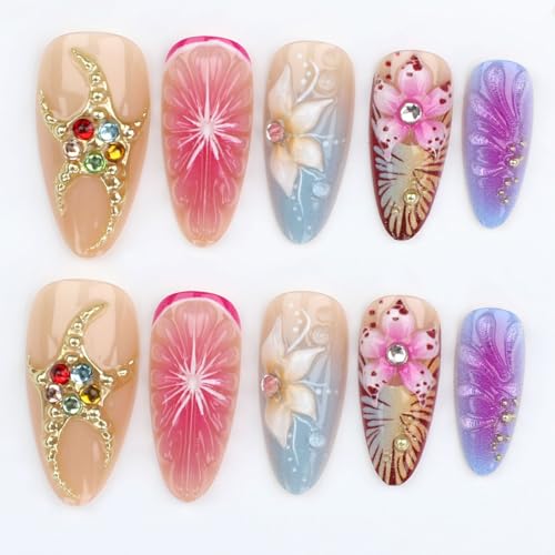 ZIFANHU Medium Almond Press on Nails 3D Flower Fake Nails Gradient Acrylic