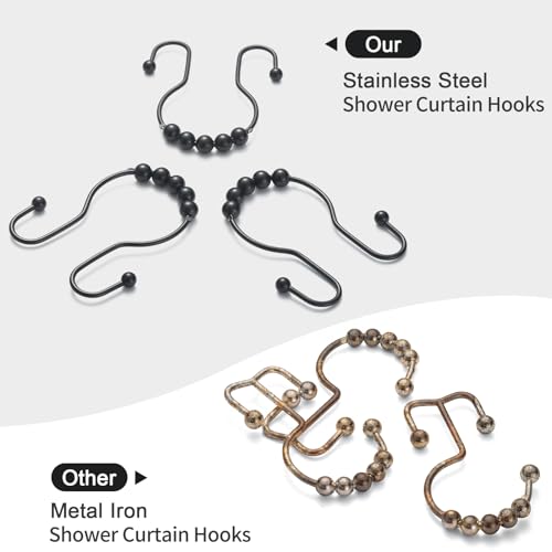 Goowin Black Stainless Steel Shower Curtain Hooks - 12 Pcs, Rustproof & Smooth Sliding