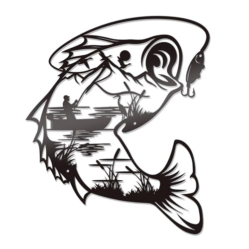 Bnesi Metal Fish Wall Decor, Black Fishing Scene Art for Home Bathroom