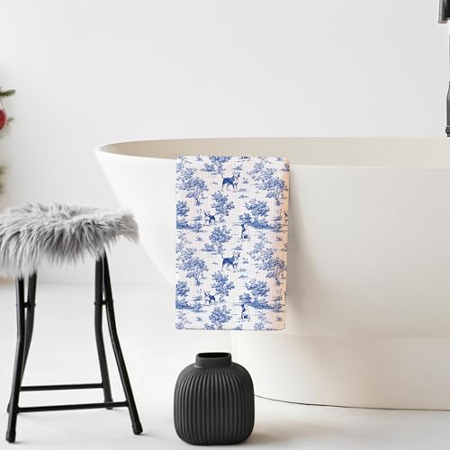 Chinoiserie Bull Terrier Dog Kitchen Towel Blue White Floral 16x24