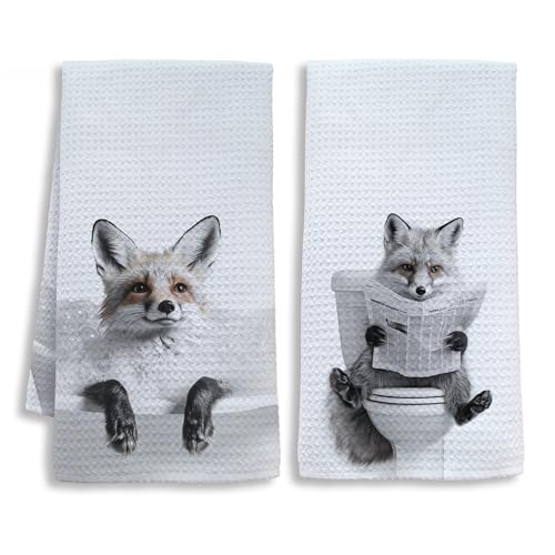 Sketch Fox Hand Towels Set of 2 - Funny Newspaper Fox Bathroom Decor, 16x24 Inches, Black & White Forest Animal Gift