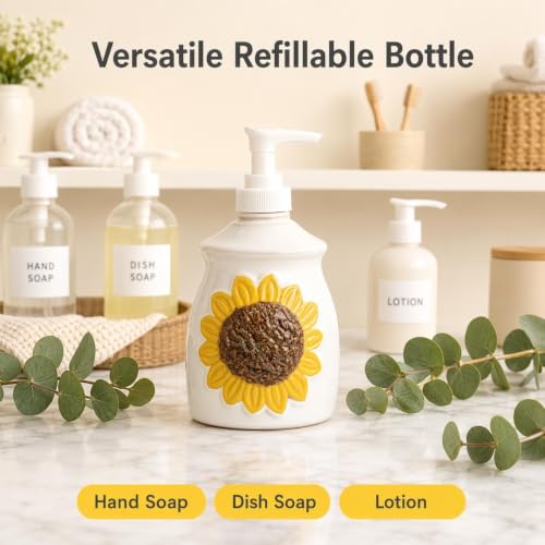 GABROC Ceramic Sunflower Soap Dispenser – Decorative 3D Floral Lotion Bottle