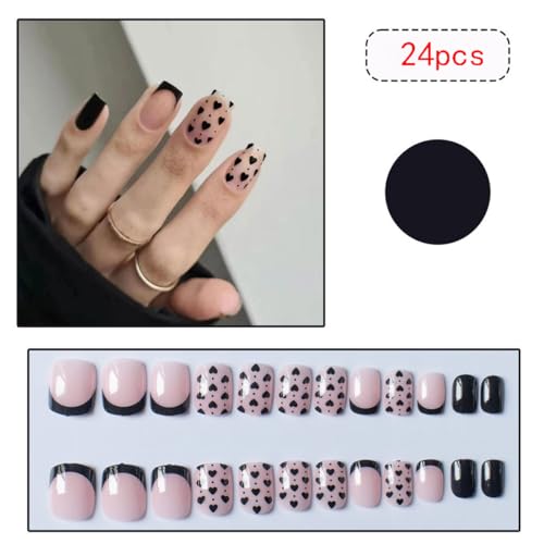 Black Heart Press on Nails Short Square French Tip Fake Acrylic Nails