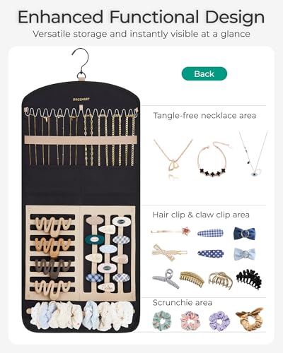 BAGSMART Large Black Hanging Jewelry Organizer with Claw Clip Holder