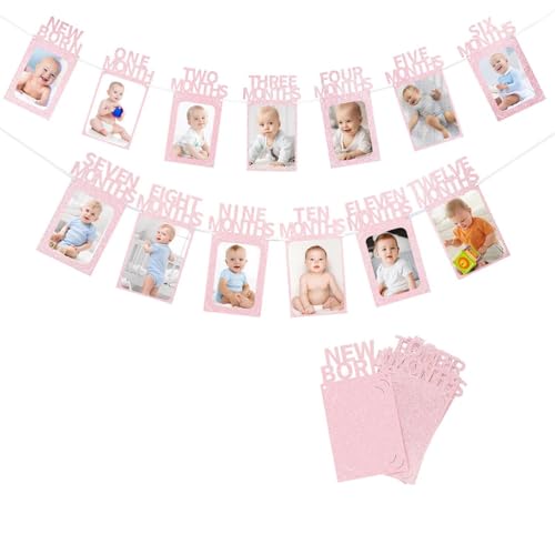 1st Birthday Photo Banner - Light Pink Decorations for Milestones