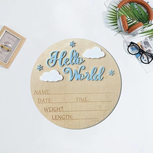 Wooden Baby Announcement Sign - Hello World Birth Board, 5.91x5.12 Inch