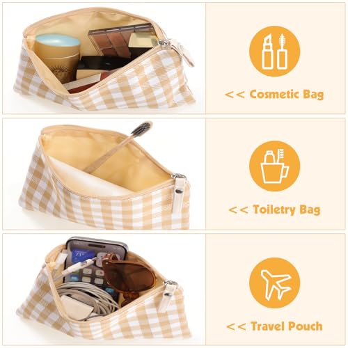 2 Pack Gingham Makeup Bags Small Zipper Cosmetic Pouches Green Brown
