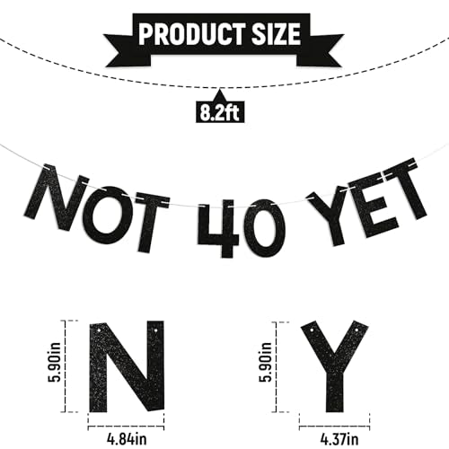 Not 40 Yet Banner - Black Glitter 39th Birthday Party Decor