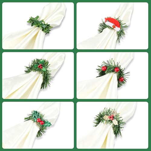 Christmas Napkin Rings Set of 12 - Green Leaf Wreath Holiday Table Decor