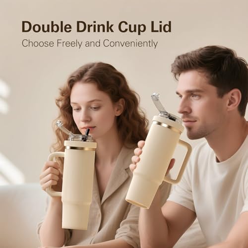 2 Pack - Zarler Upgraded Leakproof Silicone Replacement Lids for 40 oz Stanley Tumbler with 9.5" Straw and Dustproof Cover, Flip Straw Lids,Dual-Drink Stanley Cup Accessories (Beige)