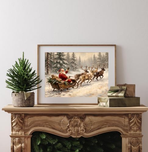 Unframed Vintage Santa Sleigh Wall Art Canvas Print - Christmas Reindeer Scene 14x11 Inches