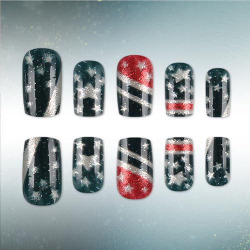 WAFOLOZE 4th of July Press On Nails Medium Square American Flag Glitter Fake Nails