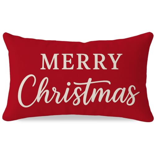 PANDICORN Christmas Pillow Covers 12x20 Red Merry Holiday Home Decor Crimson Red