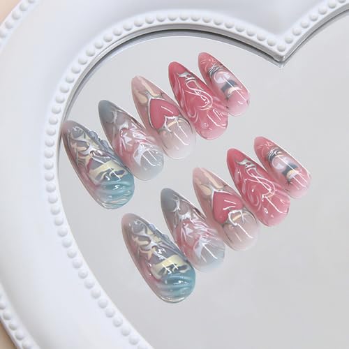 Pink Heart Press on Nails Medium Valentines Fake Nails with 3D Butterfly