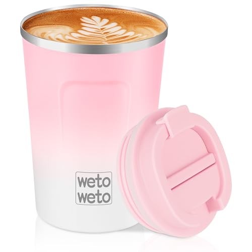 WETOWETO 12 oz Stainless Steel Insulated Travel Coffee Mug - Pink-White