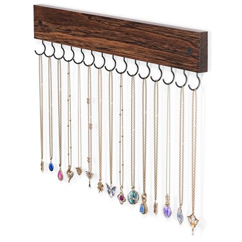 Lolalet Wall Mounted Wooden Necklace Holder - 15 Hook Organizer - Brown