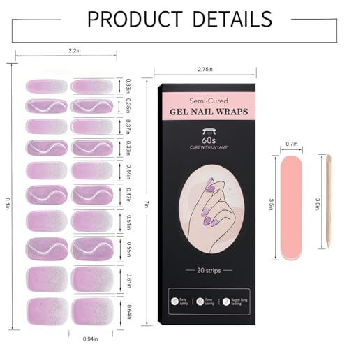 WOKOTO Purple Cat Eye Semi-Cured Gel Nail Strips UV Wraps 20 Tips