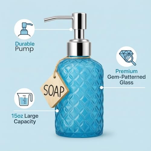 Casafoyer 15 Oz Blue Glass Soap Dispenser with Stainless Steel Pump
