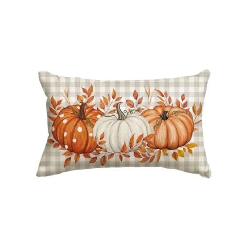 Fall Pumpkin Plaid Throw Pillow Cover - 12x20 Inch Seasonal Decor