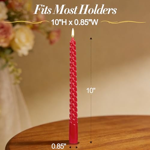 10 Inch Red Spiral Taper Candles - 4 Pack, Dripless & Unscented
