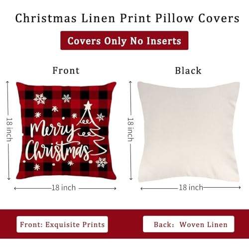 Red-Black Christmas Pillow Covers, 18x18 Inch Linen Throw Pillowcase - Set of 4
