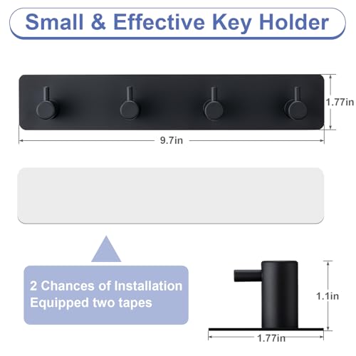 Yunzt Black Adhesive Key Holder for Wall with 4 Hooks - Stainless Steel