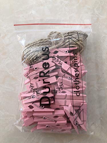 DurReus Pink Tiny Clothespins Set with Twine - 50 Pack for Photos & Crafts