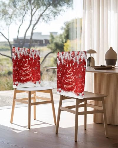6PCS Christmas Chair Covers Set - Red Sparkle Ornaments, Slipcover for Dining Chairs
