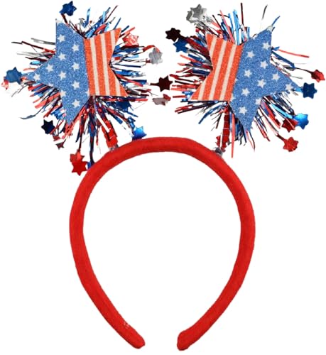 Delfd 4th of July Patriotic Star Headband with Red White Blue Tinsel