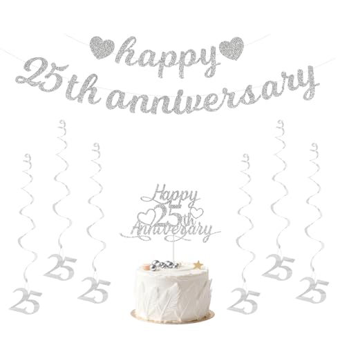 Silver 25th Anniversary Party Decorations Set - Banner, Cake Topper & Swirls