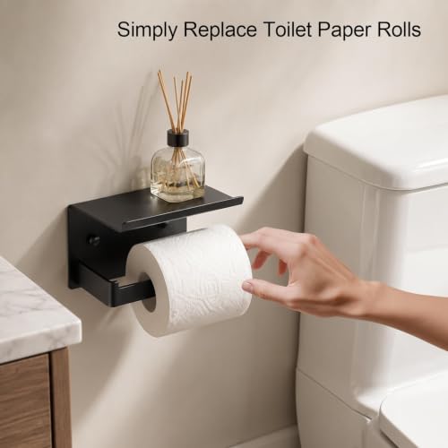Idymere Matte Black Wall Mount Toilet Paper Holder with Shelf, Adjustable & Mega Roll Compatible