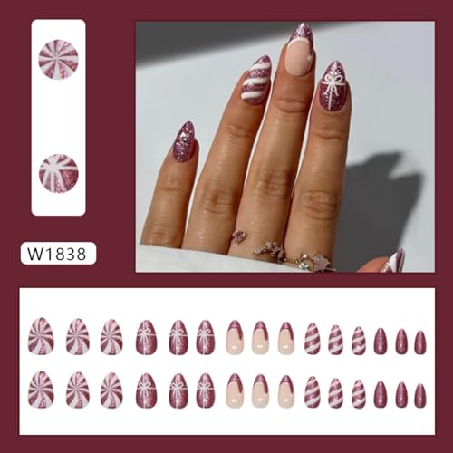 Christmas Press on Nails Medium Almond Fake Nails with Purple Glitter