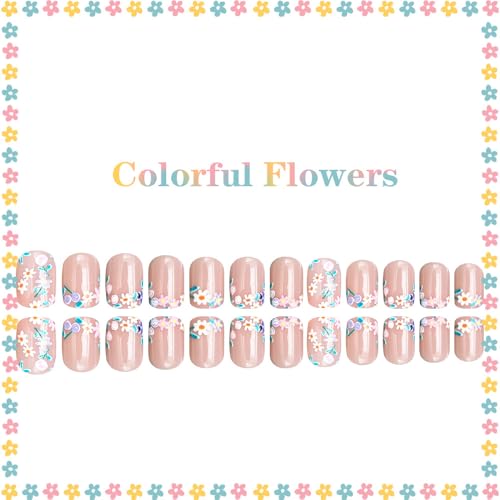 Short Square Daisy Press On Nails with Jelly Glue 24Pcs