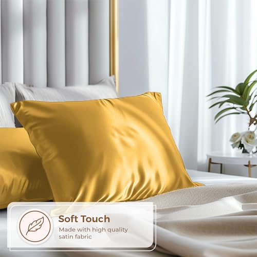 Gold Satin Pillowcase 2 Pack for Queen Size Bed - Silky Microfiber Sleep Cover - Pure Bedding